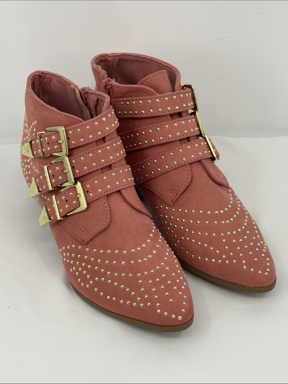 Qupid Rose Pink Studded Ankle Booties with Triple Buckles WOMENS SIZE 7 Size ZIP